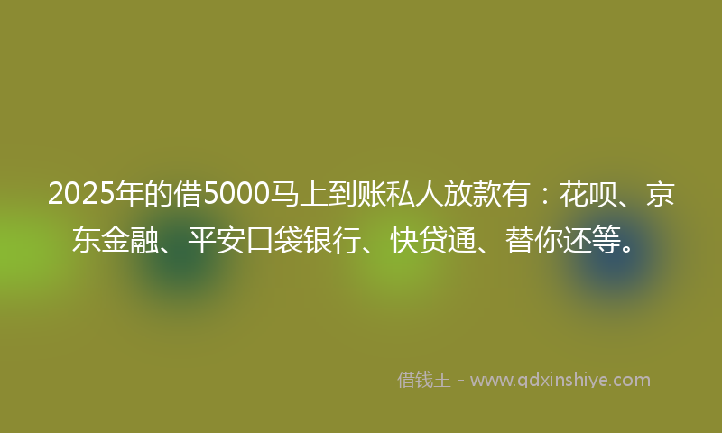 2025年的借5000马上到账私人放款有：花呗、京东金融、平安口袋银行、快贷通、替你还等。