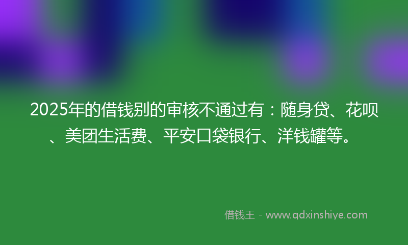 2025年的借钱别的审核不通过有：随身贷、花呗、美团生活费、平安口袋银行、洋钱罐等。