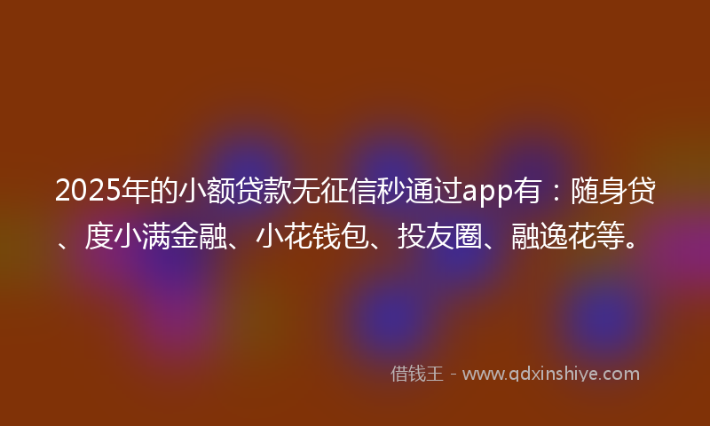 2025年的小额贷款无征信秒通过app有：随身贷、度小满金融、小花钱包、投友圈、融逸花等。
