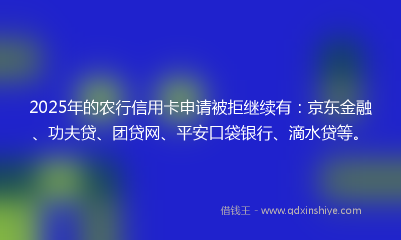 2025年的农行信用卡申请被拒继续有：京东金融、功夫贷、团贷网、平安口袋银行、滴水贷等。