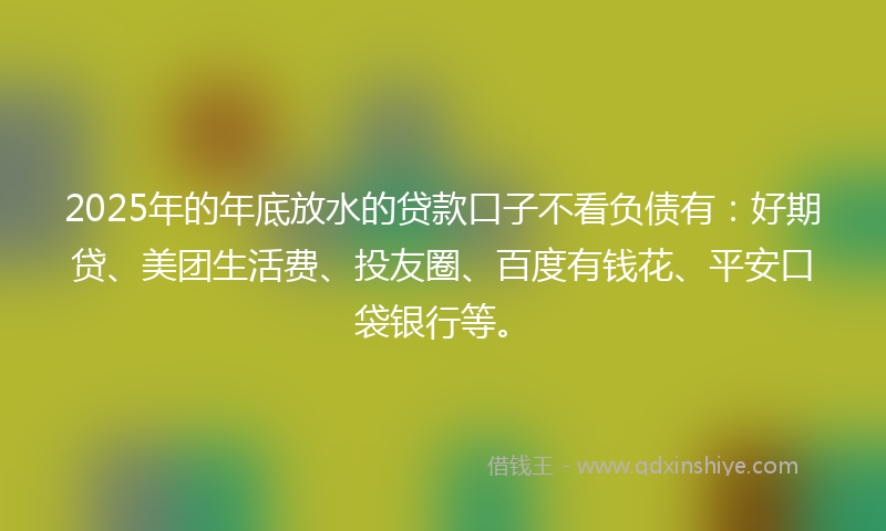 2025年的年底放水的贷款口子不看负债有：好期贷、美团生活费、投友圈、百度有钱花、平安口袋银行等。