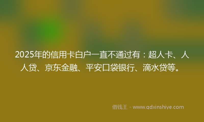2025年的信用卡白户一直不通过有：超人卡、人人贷、京东金融、平安口袋银行、滴水贷等。