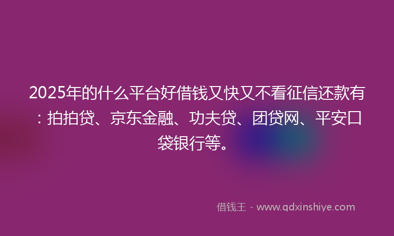 2025年的什么平台好借钱又快又不看征信还款有：拍拍贷、京东金融、功夫贷、团贷网、平安口袋银行等。