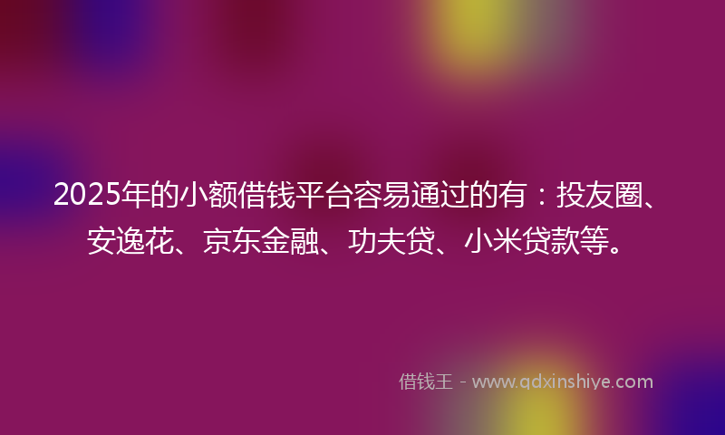 2025年的小额借钱平台容易通过的有：投友圈、安逸花、京东金融、功夫贷、小米贷款等。