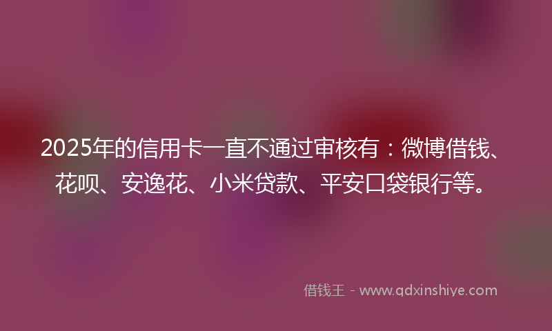 2025年的信用卡一直不通过审核有：微博借钱、花呗、安逸花、小米贷款、平安口袋银行等。