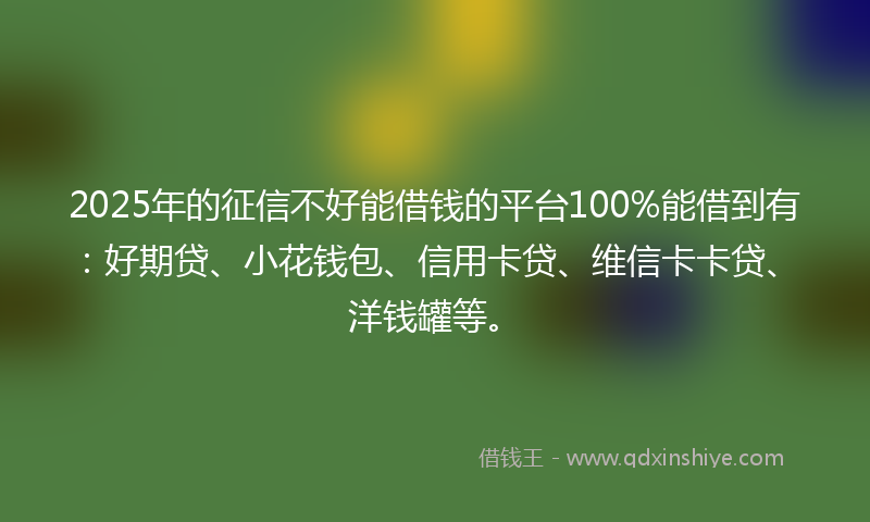 2025年的征信不好能借钱的平台100%能借到有：好期贷、小花钱包、信用卡贷、维信卡卡贷、洋钱罐等。
