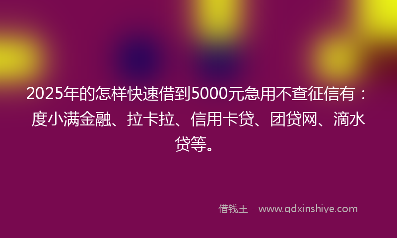 2025年的怎样快速借到5000元急用不查征信有：度小满金融、拉卡拉、信用卡贷、团贷网、滴水贷等。