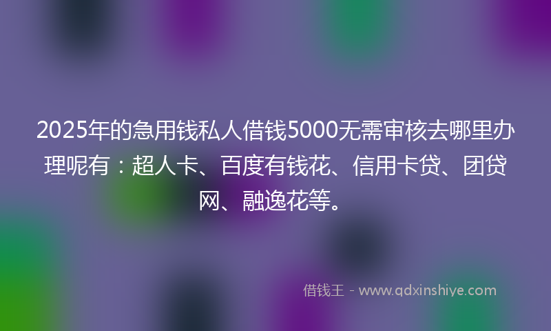2025年的急用钱私人借钱5000无需审核去哪里办理呢有：超人卡、百度有钱花、信用卡贷、团贷网、融逸花等。