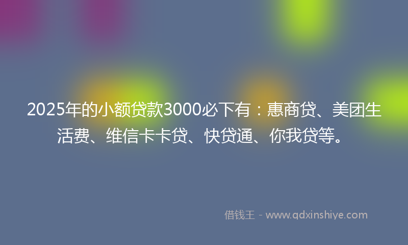 2025年的小额贷款3000必下有：惠商贷、美团生活费、维信卡卡贷、快贷通、你我贷等。