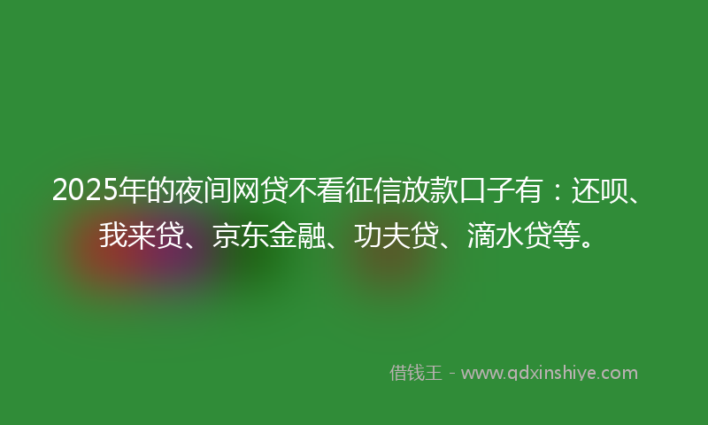 2025年的夜间网贷不看征信放款口子有：还呗、我来贷、京东金融、功夫贷、滴水贷等。