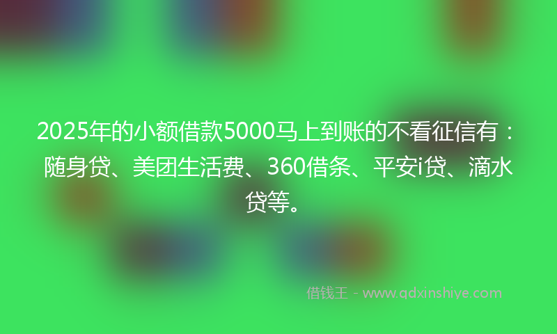 2025年的小额借款5000马上到账的不看征信有：随身贷、美团生活费、360借条、平安i贷、滴水贷等。