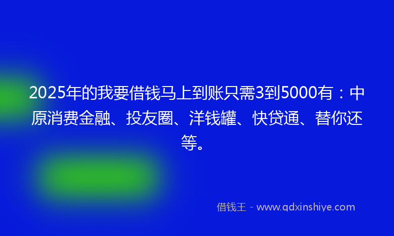 2025年的我要借钱马上到账只需3到5000有：中原消费金融、投友圈、洋钱罐、快贷通、替你还等。