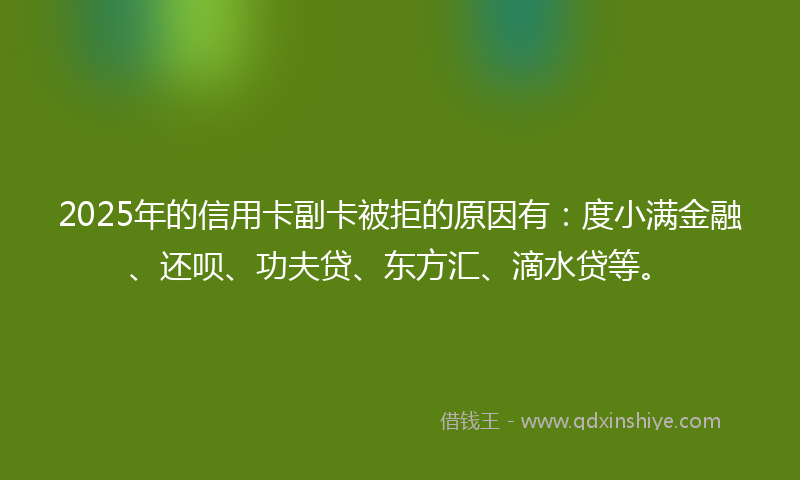 2025年的信用卡副卡被拒的原因有：度小满金融、还呗、功夫贷、东方汇、滴水贷等。