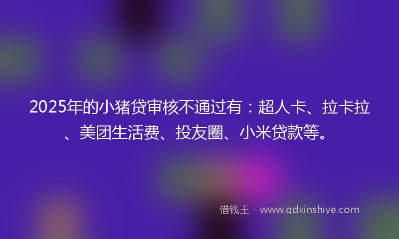 2025年的小猪贷审核不通过有：超人卡、拉卡拉、美团生活费、投友圈、小米贷款等。