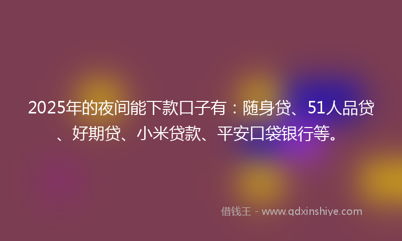 2025年的夜间能下款口子有：随身贷、51人品贷、好期贷、小米贷款、平安口袋银行等。