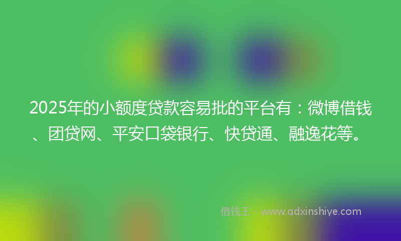 2025年的小额度贷款容易批的平台有：微博借钱、团贷网、平安口袋银行、快贷通、融逸花等。