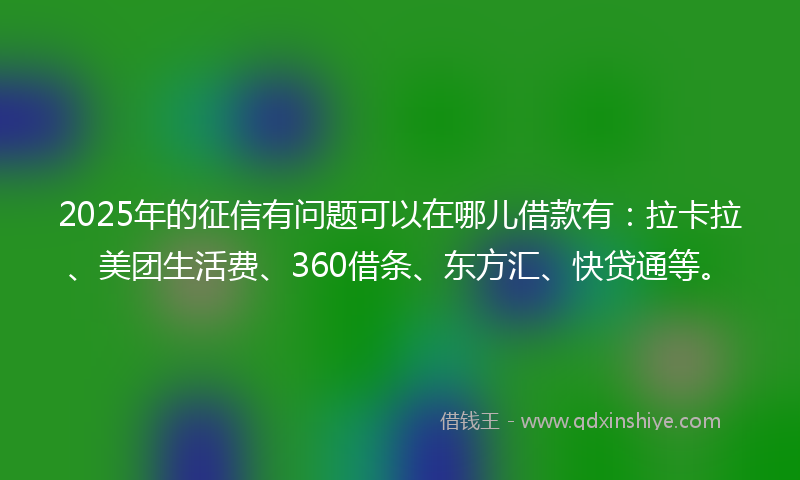 2025年的征信有问题可以在哪儿借款有：拉卡拉、美团生活费、360借条、东方汇、快贷通等。