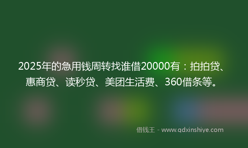2025年的急用钱周转找谁借20000有：拍拍贷、惠商贷、读秒贷、美团生活费、360借条等。
