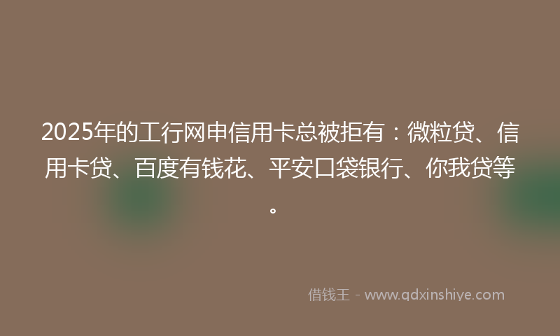 2025年的工行网申信用卡总被拒有：微粒贷、信用卡贷、百度有钱花、平安口袋银行、你我贷等。