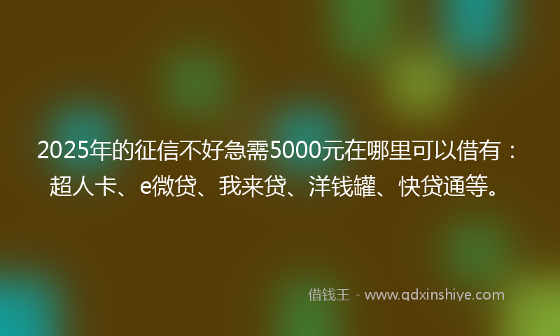 2025年的征信不好急需5000元在哪里可以借有：超人卡、e微贷、我来贷、洋钱罐、快贷通等。