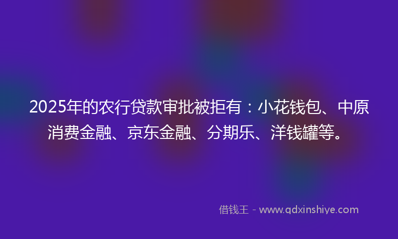 2025年的农行贷款审批被拒有：小花钱包、中原消费金融、京东金融、分期乐、洋钱罐等。