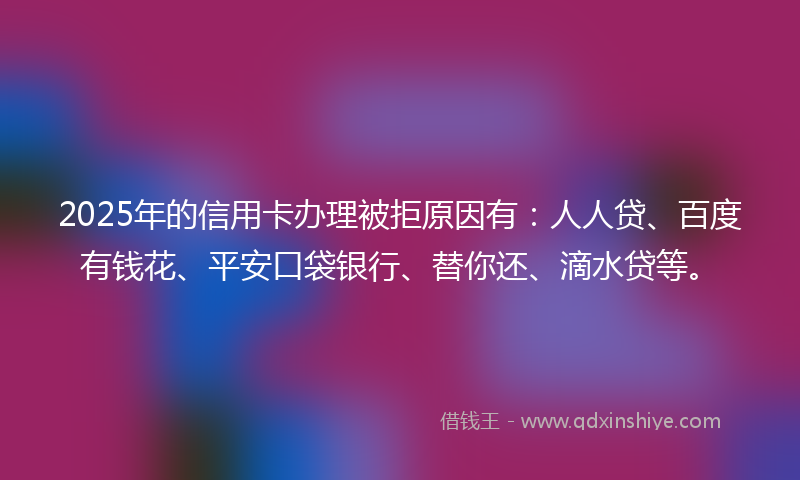 2025年的信用卡办理被拒原因有：人人贷、百度有钱花、平安口袋银行、替你还、滴水贷等。
