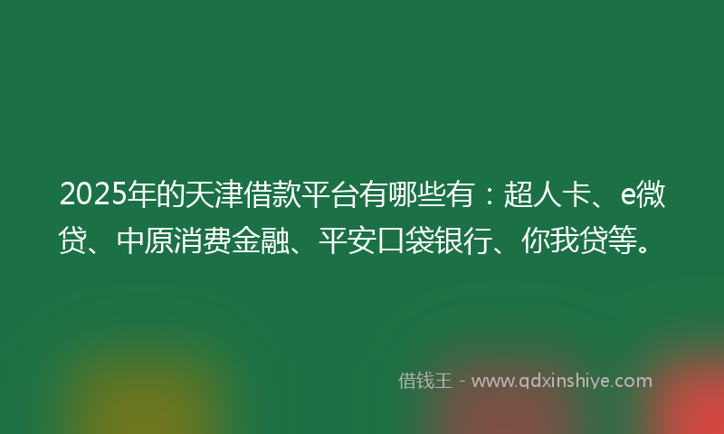 2025年的天津借款平台有哪些有：超人卡、e微贷、中原消费金融、平安口袋银行、你我贷等。