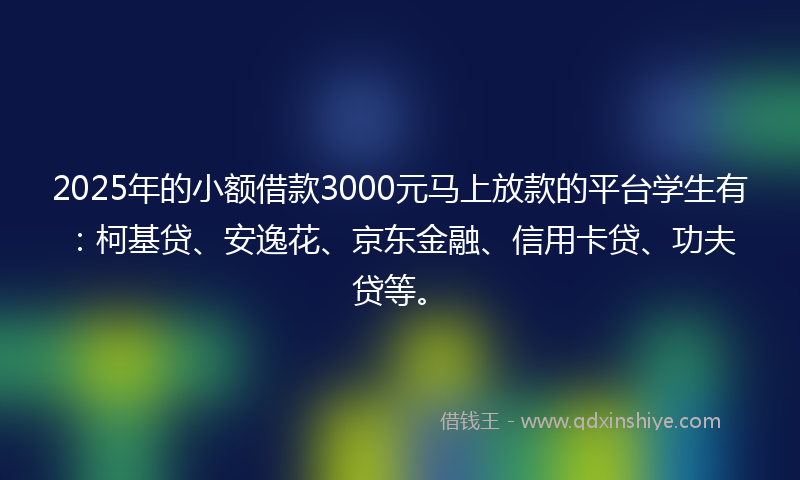 2025年的小额借款3000元马上放款的平台学生有：柯基贷、安逸花、京东金融、信用卡贷、功夫贷等。