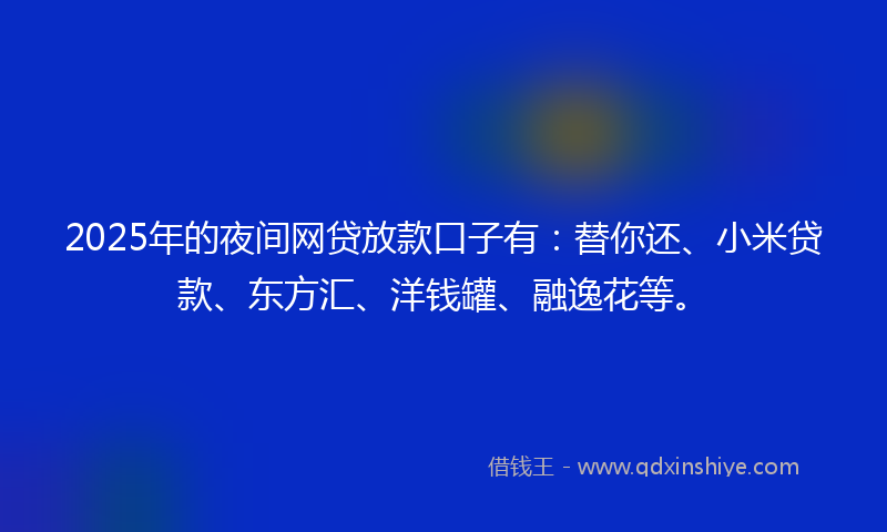 2025年的夜间网贷放款口子有：替你还、小米贷款、东方汇、洋钱罐、融逸花等。