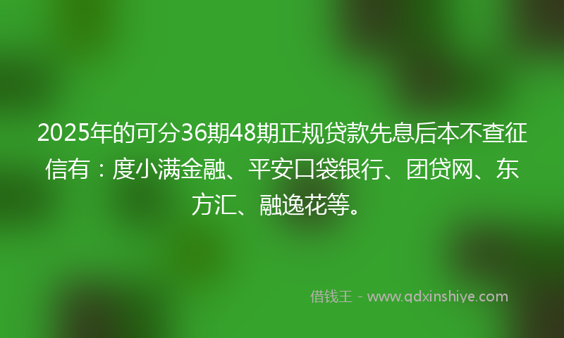 2025年的可分36期48期正规贷款先息后本不查征信有：度小满金融、平安口袋银行、团贷网、东方汇、融逸花等。