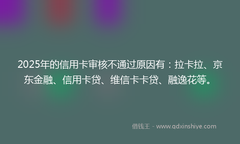 2025年的信用卡审核不通过原因有：拉卡拉、京东金融、信用卡贷、维信卡卡贷、融逸花等。