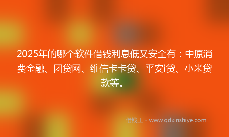2025年的哪个软件借钱利息低又安全有：中原消费金融、团贷网、维信卡卡贷、平安i贷、小米贷款等。
