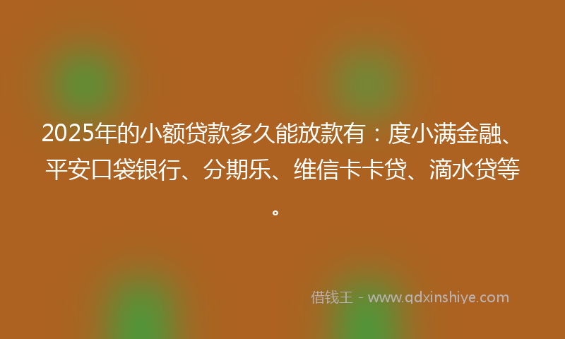 2025年的小额贷款多久能放款有：度小满金融、平安口袋银行、分期乐、维信卡卡贷、滴水贷等。