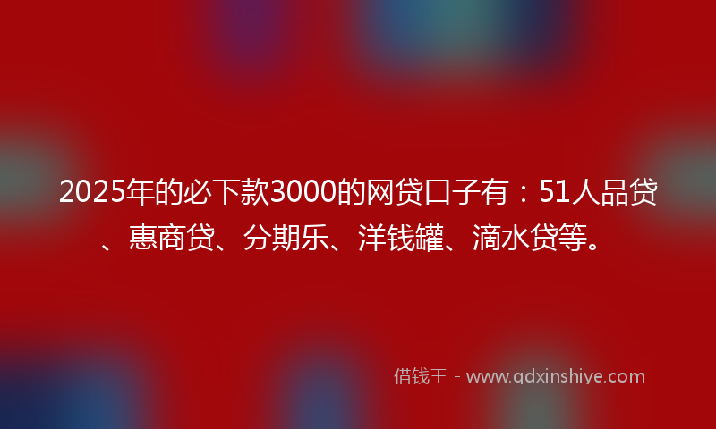 2025年的必下款3000的网贷口子有：51人品贷、惠商贷、分期乐、洋钱罐、滴水贷等。