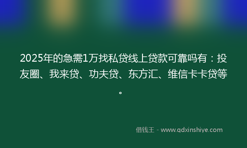 2025年的急需1万找私贷线上贷款可靠吗有：投友圈、我来贷、功夫贷、东方汇、维信卡卡贷等。