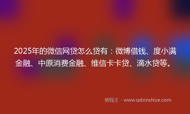 2025年的微信网贷怎么贷有：微博借钱、度小满金融、中原消费金融、维信卡卡贷、滴水贷等。