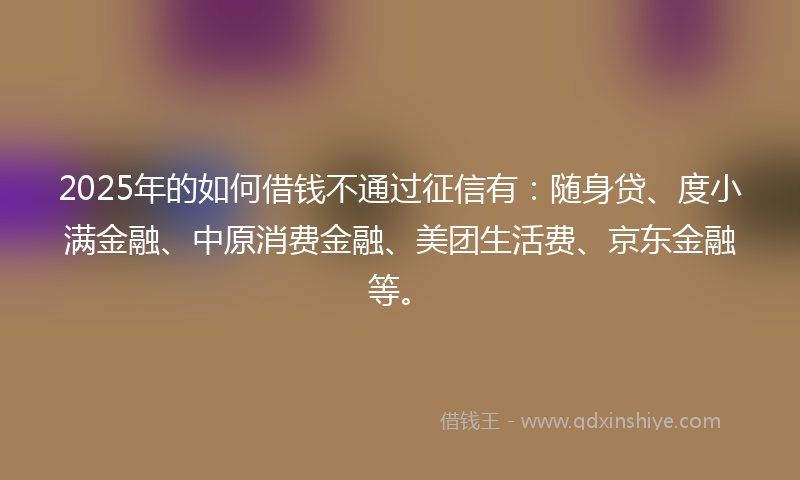 2025年的如何借钱不通过征信有：随身贷、度小满金融、中原消费金融、美团生活费、京东金融等。
