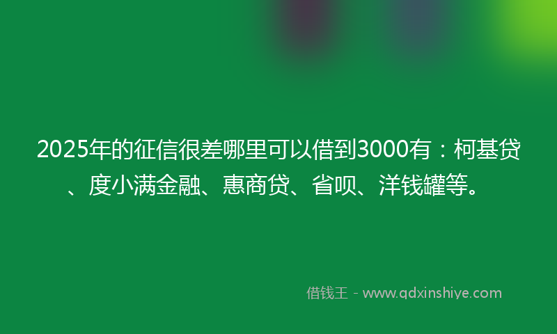 2025年的征信很差哪里可以借到3000有：柯基贷、度小满金融、惠商贷、省呗、洋钱罐等。