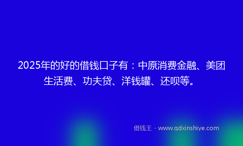 2025年的好的借钱口子有：中原消费金融、美团生活费、功夫贷、洋钱罐、还呗等。