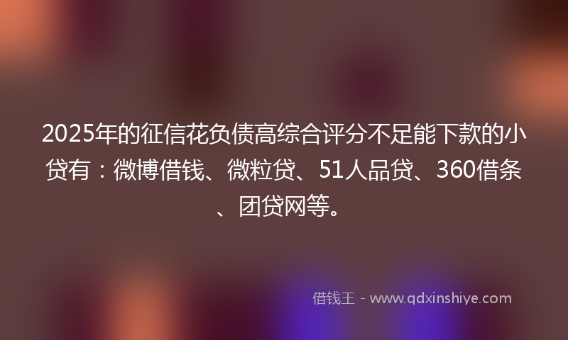 2025年的征信花负债高综合评分不足能下款的小贷有：微博借钱、微粒贷、51人品贷、360借条、团贷网等。