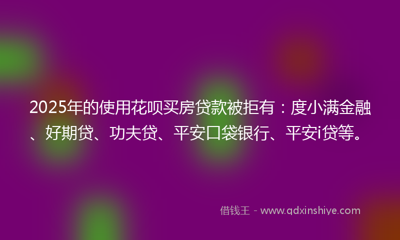 2025年的使用花呗买房贷款被拒有：度小满金融、好期贷、功夫贷、平安口袋银行、平安i贷等。