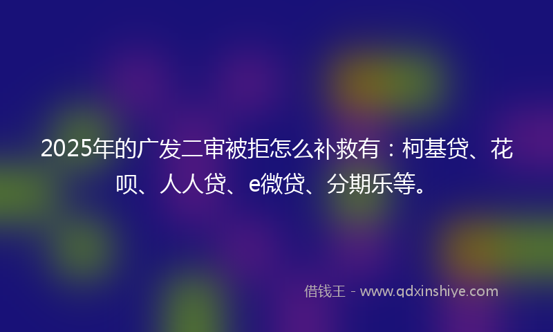2025年的广发二审被拒怎么补救有：柯基贷、花呗、人人贷、e微贷、分期乐等。
