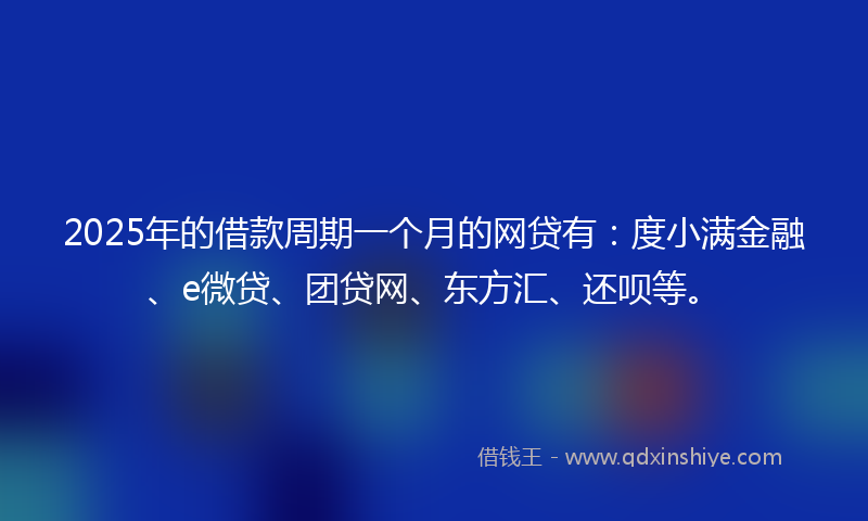 2025年的借款周期一个月的网贷有：度小满金融、e微贷、团贷网、东方汇、还呗等。