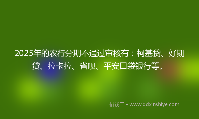 2025年的农行分期不通过审核有：柯基贷、好期贷、拉卡拉、省呗、平安口袋银行等。