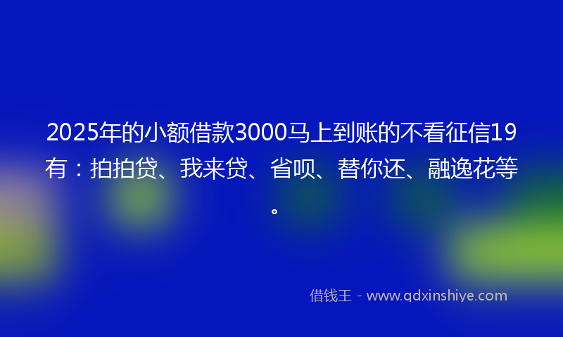 2025年的小额借款3000马上到账的不看征信19有：拍拍贷、我来贷、省呗、替你还、融逸花等。