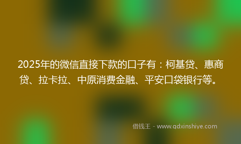 2025年的微信直接下款的口子有：柯基贷、惠商贷、拉卡拉、中原消费金融、平安口袋银行等。