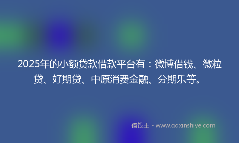 2025年的小额贷款借款平台有：微博借钱、微粒贷、好期贷、中原消费金融、分期乐等。