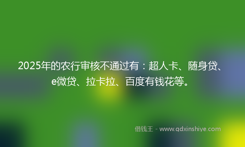 2025年的农行审核不通过有：超人卡、随身贷、e微贷、拉卡拉、百度有钱花等。