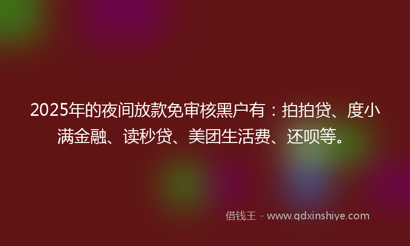 2025年的夜间放款免审核黑户有：拍拍贷、度小满金融、读秒贷、美团生活费、还呗等。