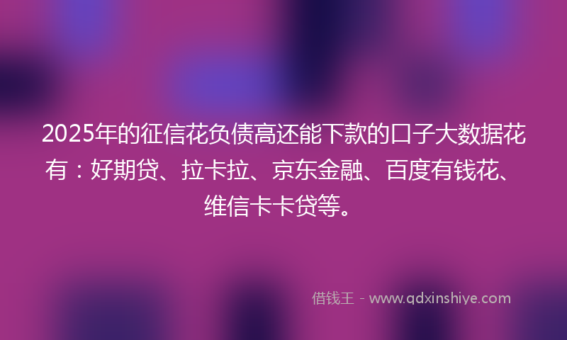 2025年的征信花负债高还能下款的口子大数据花有：好期贷、拉卡拉、京东金融、百度有钱花、维信卡卡贷等。